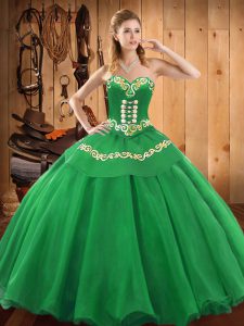 Eye-catching Green Satin and Tulle Lace Up Sweetheart Sleeveless Floor Length Vestidos de Quinceanera Embroidery