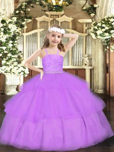 Floor Length Lavender High School Pageant Dress Organza Sleeveless Beading and Lace