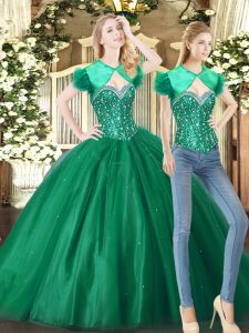 Sweetheart Sleeveless Lace Up Quince Ball Gowns Green Tulle