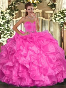 Smart Hot Pink Organza Lace Up Sweetheart Sleeveless Floor Length Sweet 16 Dress Beading and Ruffles