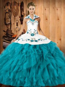 Sleeveless Lace Up Floor Length Embroidery and Ruffles Ball Gown Prom Dress