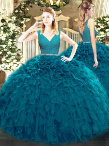 Fantastic Teal Tulle Zipper V-neck Sleeveless Floor Length Ball Gown Prom Dress Beading and Ruffles