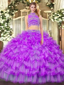 Purple High-neck Backless Beading and Ruffled Layers Quinceanera Gown Sleeveless