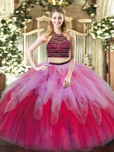 Decent Multi-color Two Pieces Tulle Halter Top Sleeveless Beading and Ruffles Floor Length Lace Up Sweet 16 Quinceanera Dress