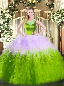 Exquisite Scoop Sleeveless Ball Gown Prom Dress Floor Length Beading and Ruffles Multi-color Tulle