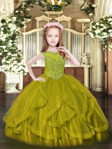 Olive Green Zipper Scoop Beading and Ruffles High School Pageant Dress Tulle Sleeveless