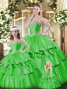 Sleeveless Floor Length Beading and Ruffled Layers Lace Up Quinceanera Dress with Green