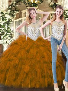 Brown Zipper 15 Quinceanera Dress Beading and Ruffles Sleeveless Floor Length
