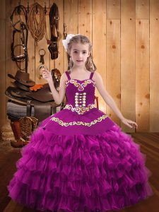 Floor Length Lace Up Little Girls Pageant Gowns Fuchsia for Party and Sweet 16 and Quinceanera and Wedding Party with Embroidery and Ruffled Layers