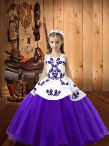 Customized Purple Ball Gowns Organza Straps Sleeveless Embroidery Floor Length Lace Up Little Girls Pageant Dress