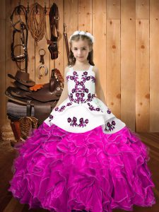 Luxurious Ball Gowns Glitz Pageant Dress Fuchsia Straps Organza Sleeveless Floor Length Lace Up