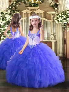 Stylish Floor Length Lace Up Evening Gowns Blue for Party and Quinceanera with Beading and Ruffles