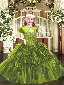 Charming Olive Green Lace Up Straps Beading and Ruffles Little Girls Pageant Dress Wholesale Organza Sleeveless