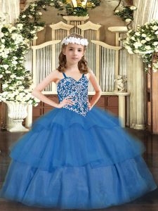 Sleeveless Organza Floor Length Lace Up Pageant Dress for Womens in Baby Blue with Beading and Ruffled Layers