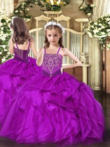 Organza Straps Sleeveless Lace Up Beading and Ruffles Pageant Dress for Girls in Fuchsia