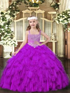 Custom Design Sleeveless Floor Length Beading and Ruffles Lace Up Pageant Dresses with Purple