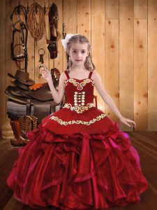 Custom Designed Organza Straps Sleeveless Lace Up Embroidery and Ruffles Pageant Dress for Womens in Red