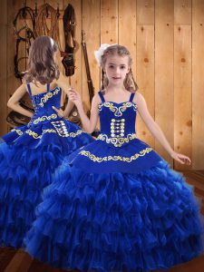 Royal Blue Straps Lace Up Embroidery and Ruffled Layers Pageant Dress Womens Sleeveless