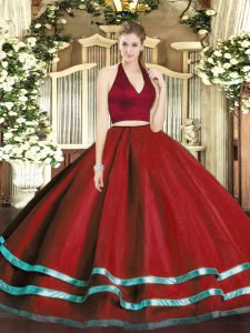 Tulle Halter Top Sleeveless Zipper Ruffled Layers Quinceanera Dress in Wine Red