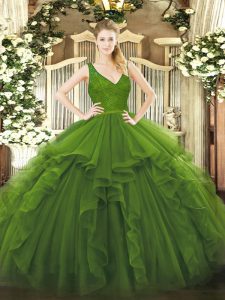 Perfect Sleeveless Organza Floor Length Zipper Quince Ball Gowns in Olive Green with Ruffles