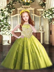 Scoop Sleeveless Zipper Pageant Gowns For Girls Olive Green Tulle
