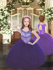 Best Floor Length Lace Up Pageant Gowns For Girls Purple for Party and Quinceanera with Beading and Ruffles