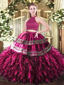 Colorful Floor Length Ball Gowns Sleeveless Fuchsia Sweet 16 Dress Backless