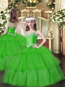 Low Price Green Ball Gowns Straps Sleeveless Organza Floor Length Lace Up Beading and Ruffled Layers Pageant Dress for Teens