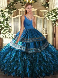 Chic Floor Length Blue 15th Birthday Dress V-neck Sleeveless Backless