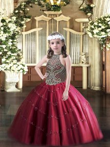 Inexpensive Tulle Halter Top Sleeveless Lace Up Beading Little Girls Pageant Dress Wholesale in Wine Red