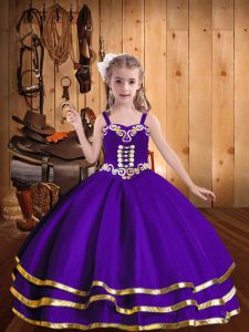Eggplant Purple Ball Gowns Straps Sleeveless Organza Floor Length Lace Up Beading and Ruffled Layers Custom Made Pageant Dress