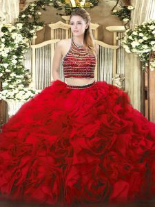 Red Two Pieces Tulle Halter Top Sleeveless Beading and Ruffles Floor Length Zipper 15 Quinceanera Dress