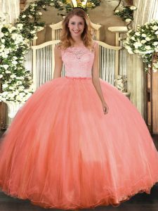 Exquisite Lace Quinceanera Gown Orange Red Clasp Handle Sleeveless Floor Length