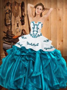 Teal Strapless Neckline Embroidery and Ruffles Quinceanera Dress Sleeveless Lace Up