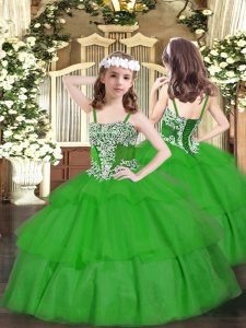 High End Floor Length Lace Up Little Girls Pageant Dress Wholesale Green for Party and Quinceanera with Appliques and Ruffled Layers