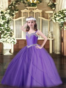 Lavender Straps Lace Up Beading Pageant Dress Sweep Train Sleeveless