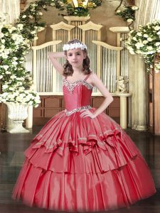 Cheap Floor Length Ball Gowns Sleeveless Coral Red Evening Gowns Lace Up