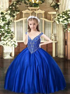 Royal Blue Sleeveless Beading Floor Length High School Pageant Dress