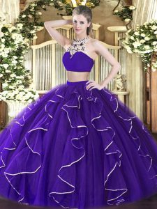 Eye-catching Purple 15 Quinceanera Dress Military Ball and Sweet 16 and Quinceanera with Beading and Ruffles High-neck Sleeveless Backless