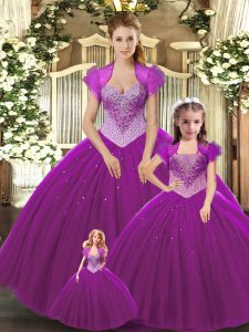 Fabulous Beading Sweet 16 Dress Fuchsia Lace Up Sleeveless Floor Length