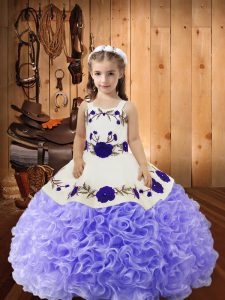 Lavender Lace Up Straps Embroidery and Ruffles Pageant Gowns For Girls Fabric With Rolling Flowers Sleeveless