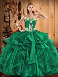 On Sale Sleeveless Floor Length Embroidery and Ruffles Lace Up Vestidos de Quinceanera with Turquoise