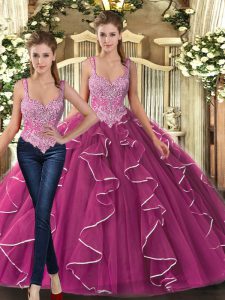 Latest Fuchsia Sleeveless Tulle Lace Up Quinceanera Dresses for Military Ball and Sweet 16 and Quinceanera