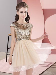 Free and Easy Champagne Zipper Scoop Sequins Court Dresses for Sweet 16 Tulle Cap Sleeves