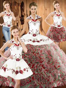 Extravagant Multi-color Vestidos de Quinceanera Military Ball and Sweet 16 and Quinceanera with Embroidery Halter Top Sleeveless Sweep Train Lace Up