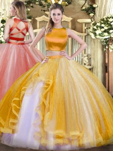 Ruffles Quince Ball Gowns Gold Criss Cross Sleeveless Floor Length