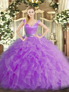 On Sale Sleeveless Organza Floor Length Zipper Sweet 16 Quinceanera Dress in Lilac with Ruffles