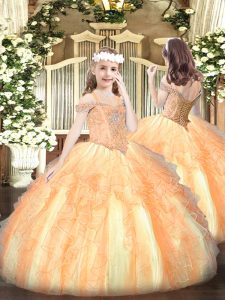 High Quality Sleeveless Lace Up Floor Length Beading and Ruffles Child Pageant Dress