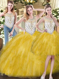 Fabulous Sleeveless Organza Floor Length Zipper Sweet 16 Dresses in Yellow with Beading and Ruffles