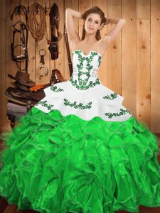 Pretty Green Ball Gowns Embroidery and Ruffles Sweet 16 Dresses Lace Up Satin and Organza Sleeveless Floor Length